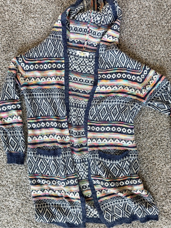 Sweaters - Women’s Hooded Knit Cardigan Sweater - Navy with Multicolor Fair Isle